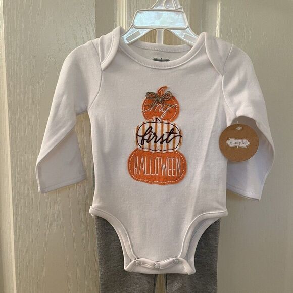 Mud Pie My First Halloween 2-Pc Outfit Set Applique Pumpkins Size 0-3 Months NWT - Picture 2 of 8